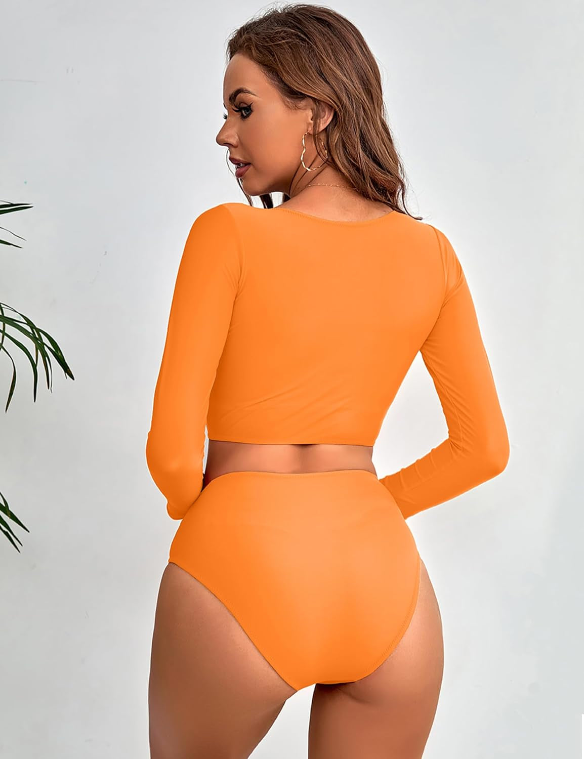 Womens Two Piece Swimsuits High Waisted Bikini Set Rash Guard Bathing Suit Long Sleeve Swimwear Crop Top Teen Girls