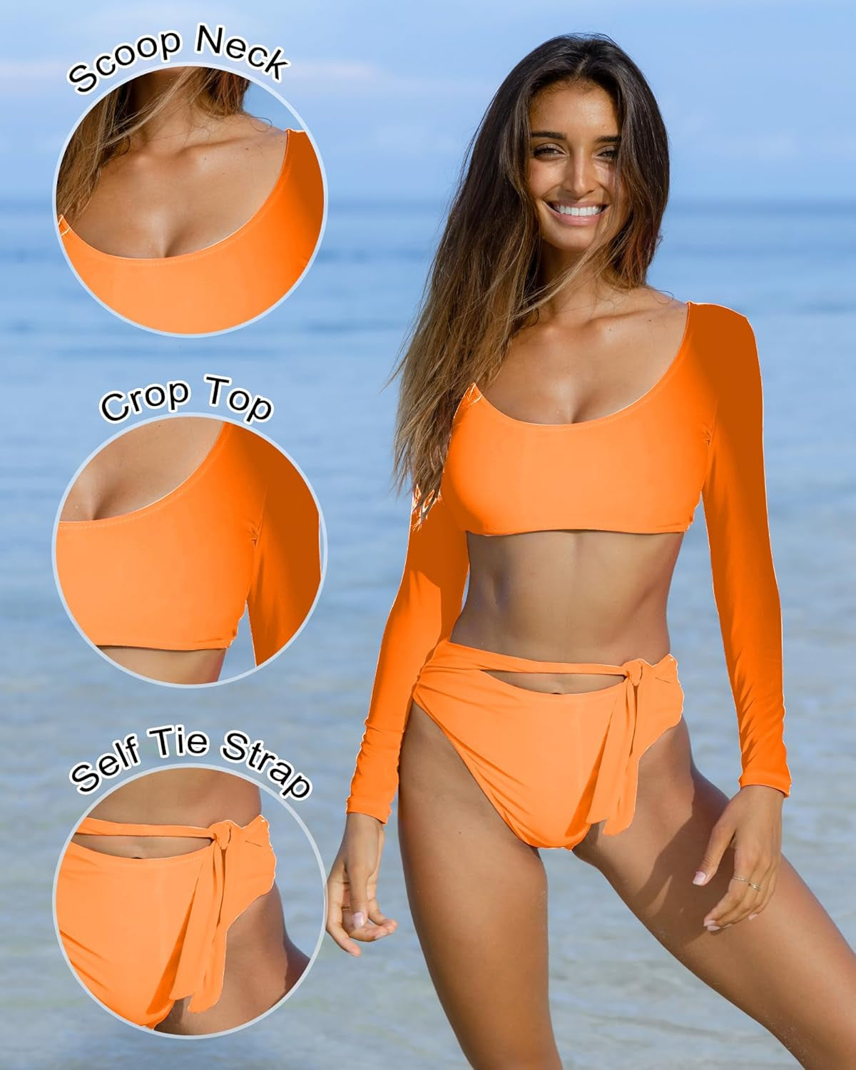 Womens Two Piece Swimsuits High Waisted Bikini Set Rash Guard Bathing Suit Long Sleeve Swimwear Crop Top Teen Girls