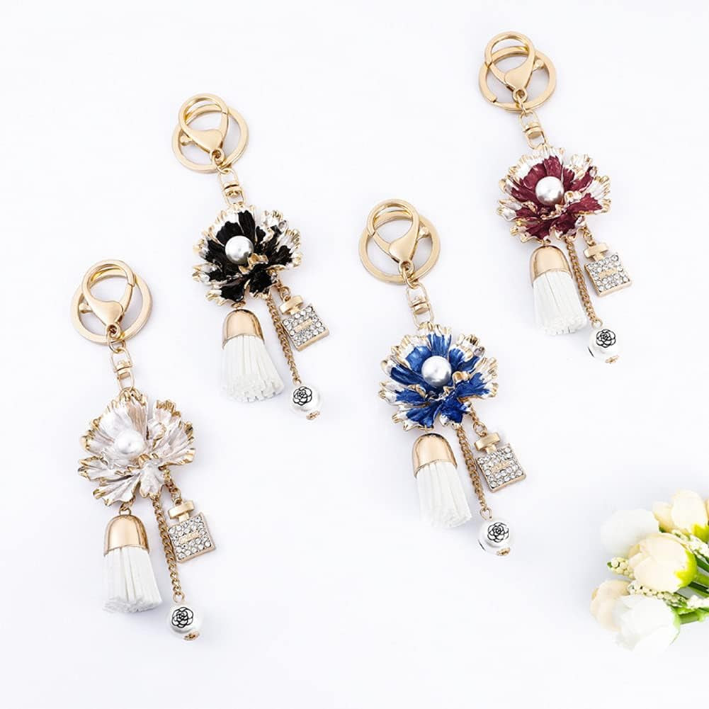 Camellia Flower Tassel Keychain Pearl Car Keyring Holder Purse Bag Pendant Charm Cute Handbag Personalized Keyring for Women Girls-Black