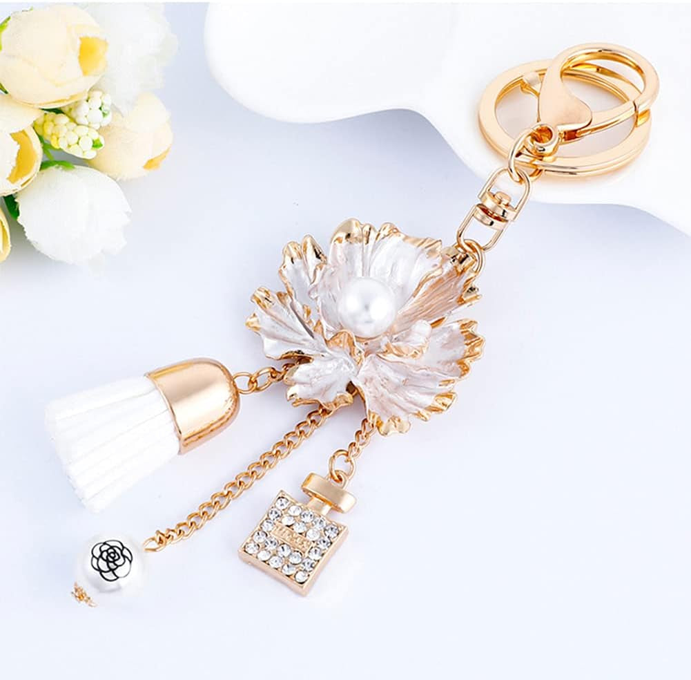 Camellia Flower Tassel Keychain Pearl Car Keyring Holder Purse Bag Pendant Charm Cute Handbag Personalized Keyring for Women Girls-Black