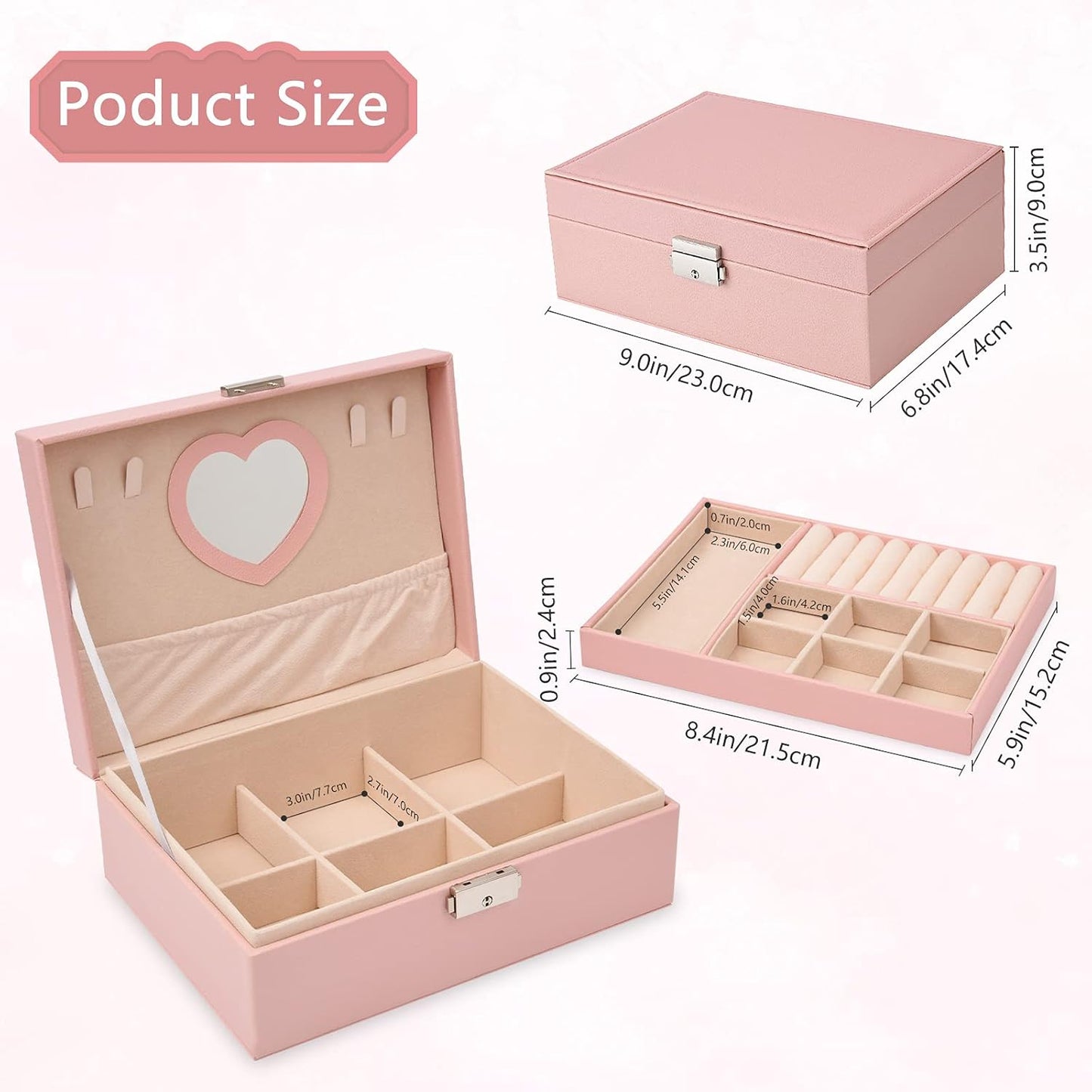 Jewelry Box for Women Girls, 2 Layer Leather Jewelry Organizer with Lock Key, Pink Jewelry Storage Case for Earrings Bracelets Rings Watches Necklace