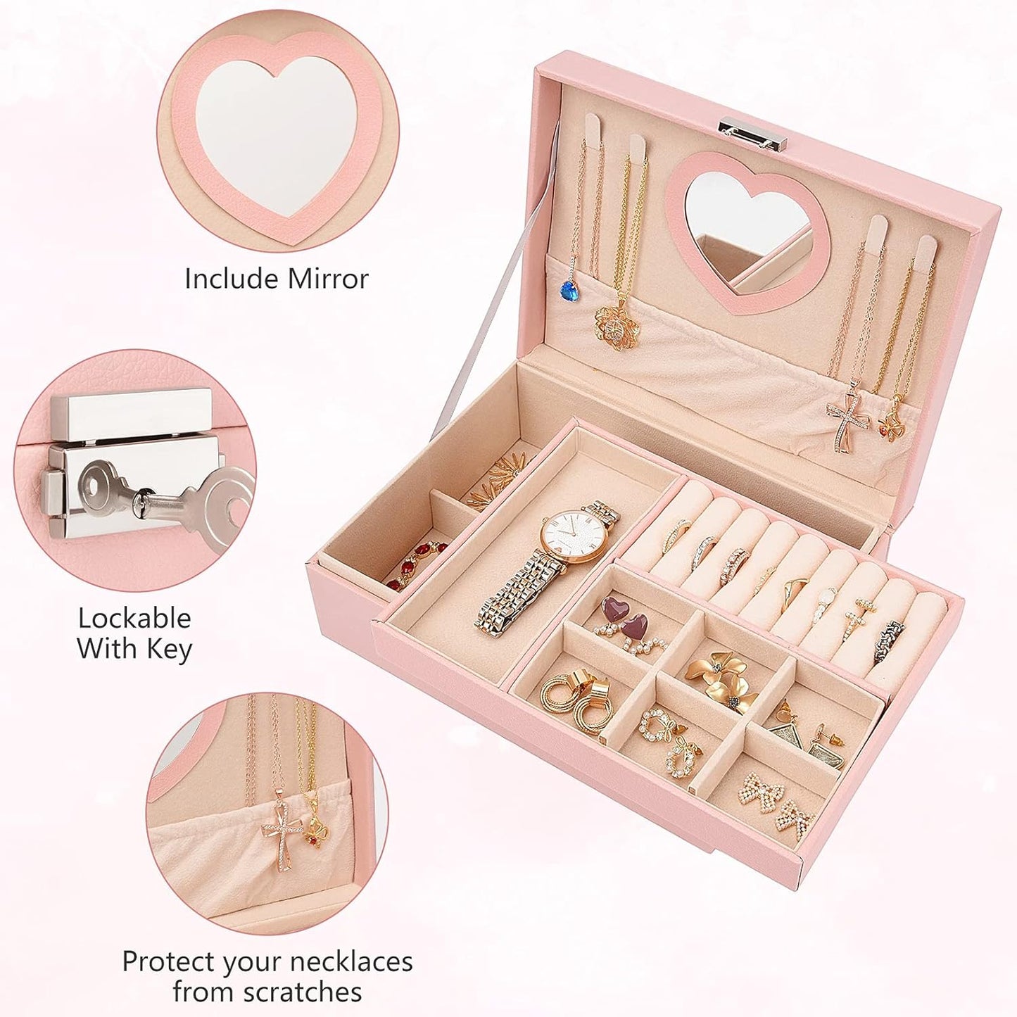 Jewelry Box for Women Girls, 2 Layer Leather Jewelry Organizer with Lock Key, Pink Jewelry Storage Case for Earrings Bracelets Rings Watches Necklace