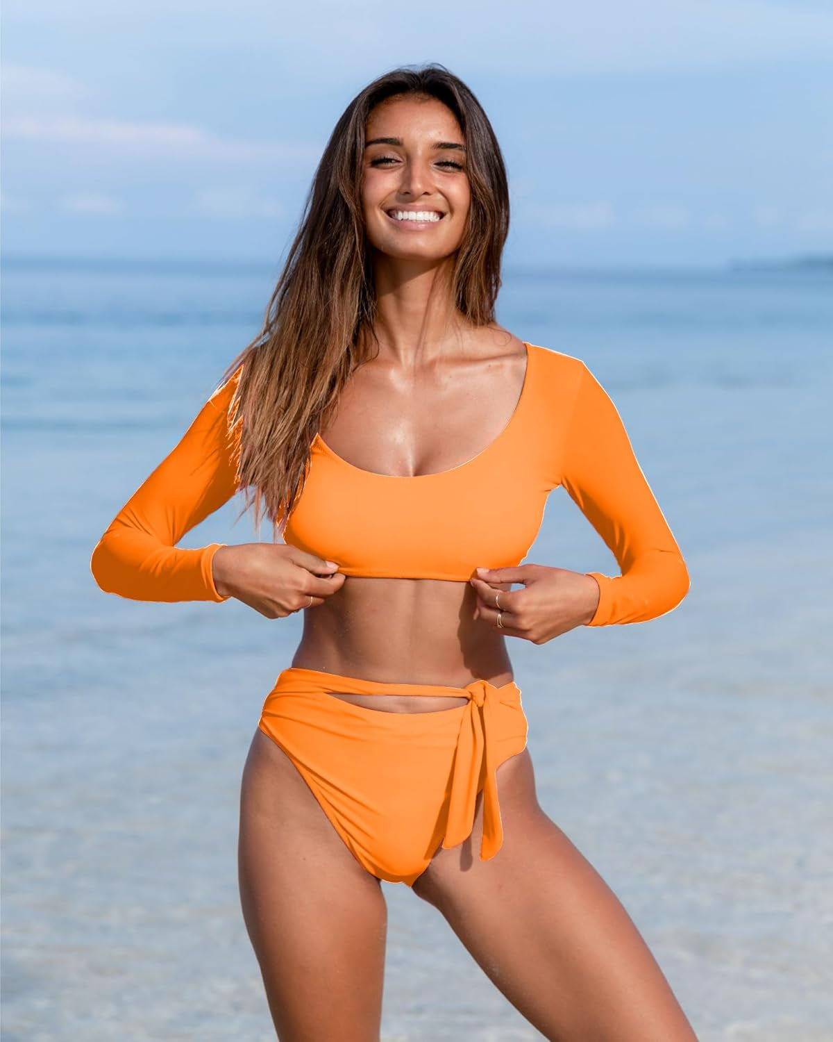 Womens Two Piece Swimsuits High Waisted Bikini Set Rash Guard Bathing Suit Long Sleeve Swimwear Crop Top Teen Girls