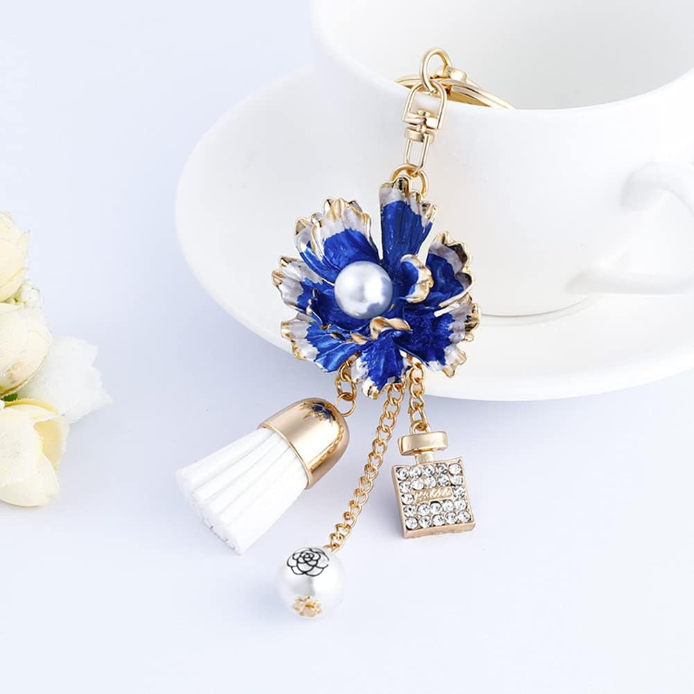 Camellia Flower Tassel Keychain Pearl Car Keyring Holder Purse Bag Pendant Charm Cute Handbag Personalized Keyring for Women Girls-Black