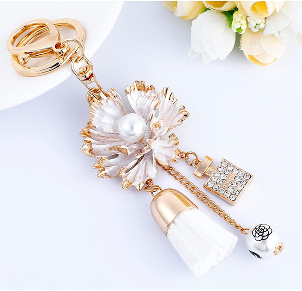 Camellia Flower Tassel Keychain Pearl Car Keyring Holder Purse Bag Pendant Charm Cute Handbag Personalized Keyring for Women Girls-Black