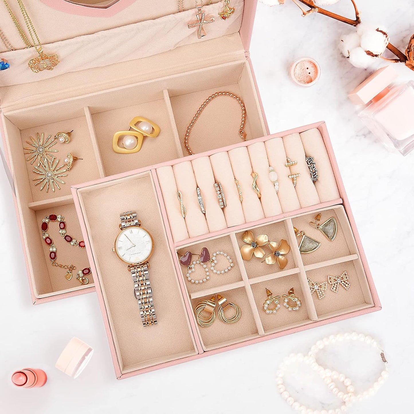 Jewelry Box for Women Girls, 2 Layer Leather Jewelry Organizer with Lock Key, Pink Jewelry Storage Case for Earrings Bracelets Rings Watches Necklace