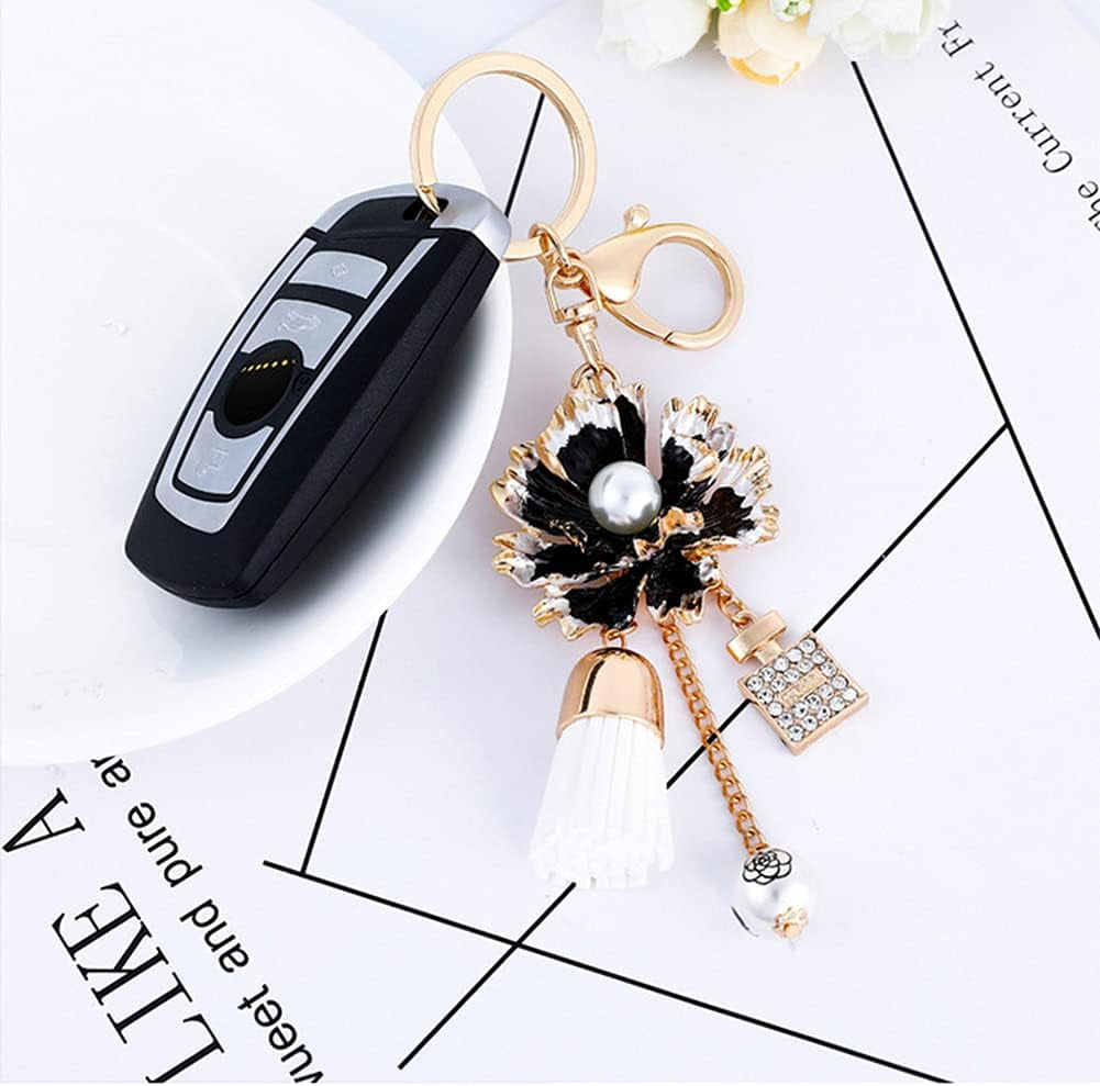 Camellia Flower Tassel Keychain Pearl Car Keyring Holder Purse Bag Pendant Charm Cute Handbag Personalized Keyring for Women Girls-Black