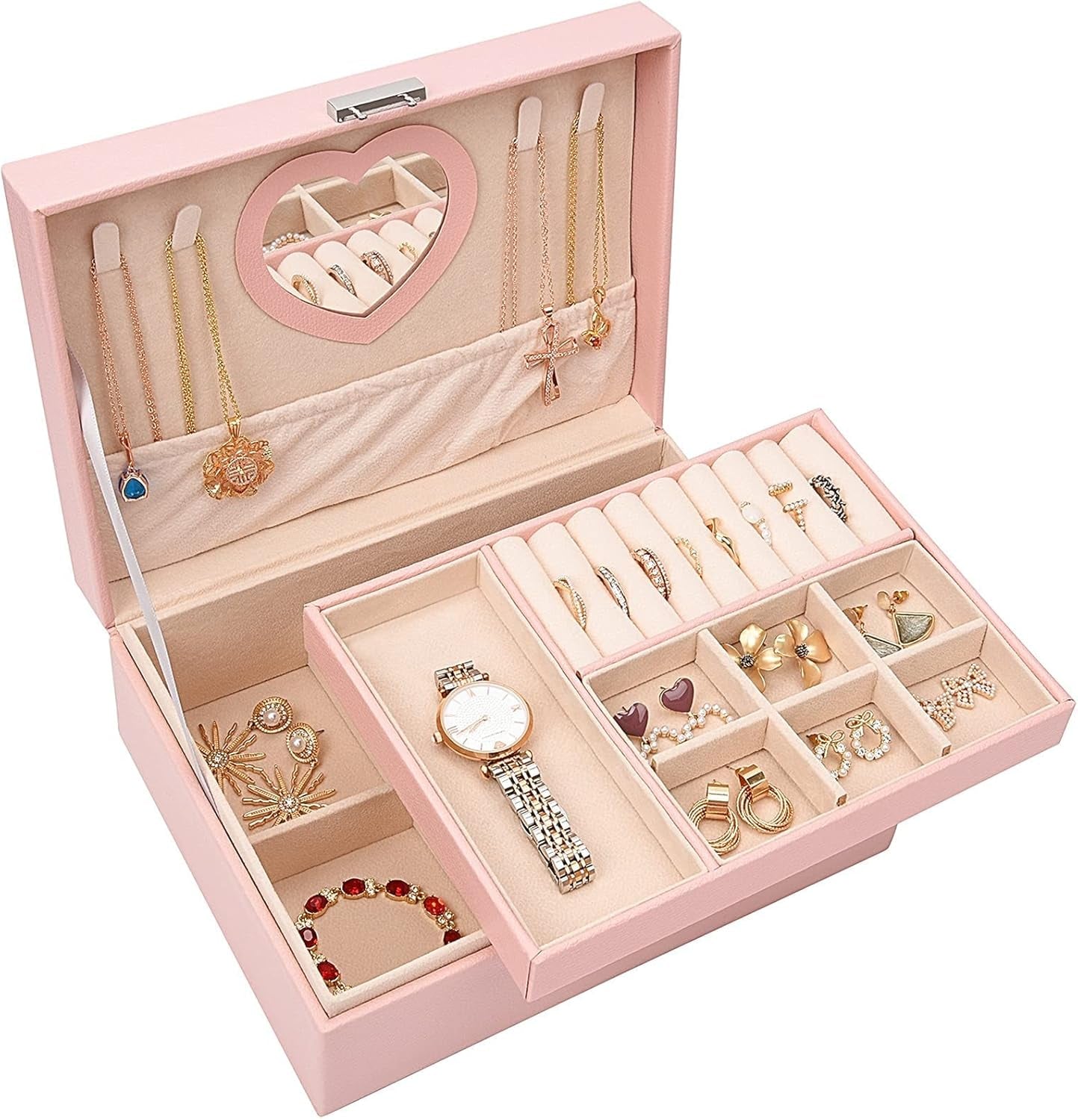 Jewelry Box for Women Girls, 2 Layer Leather Jewelry Organizer with Lock Key, Pink Jewelry Storage Case for Earrings Bracelets Rings Watches Necklace