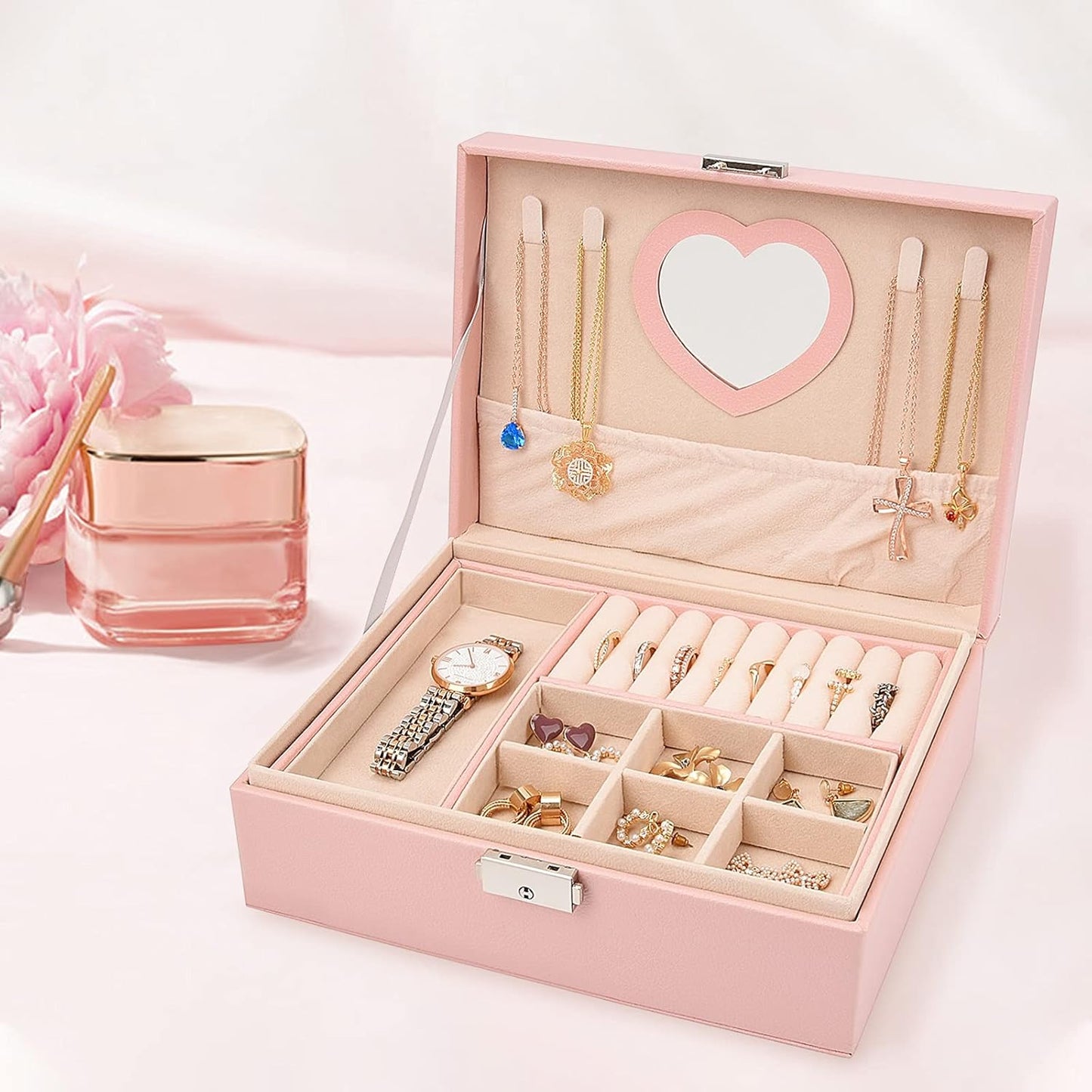 Jewelry Box for Women Girls, 2 Layer Leather Jewelry Organizer with Lock Key, Pink Jewelry Storage Case for Earrings Bracelets Rings Watches Necklace