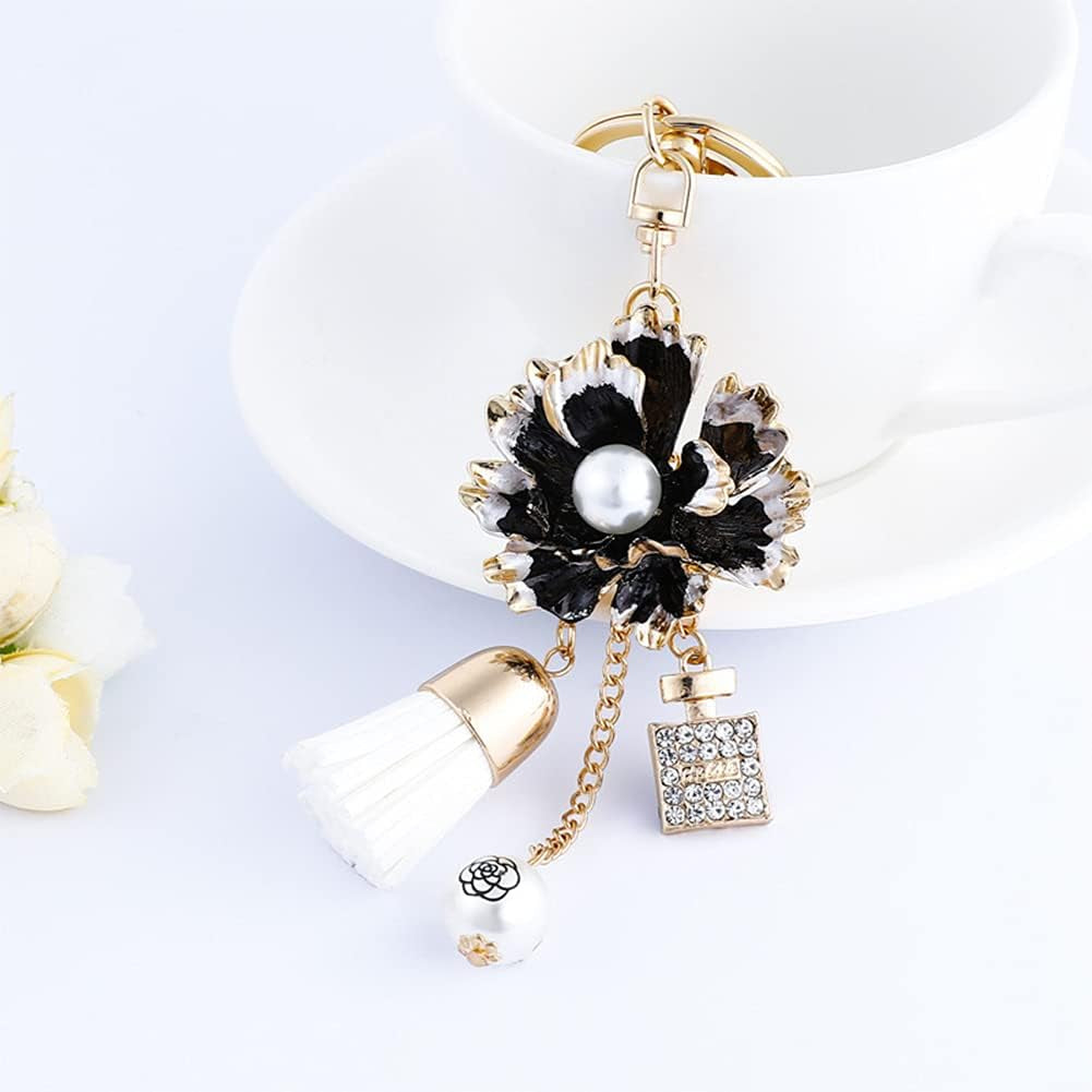 Camellia Flower Tassel Keychain Pearl Car Keyring Holder Purse Bag Pendant Charm Cute Handbag Personalized Keyring for Women Girls-Black