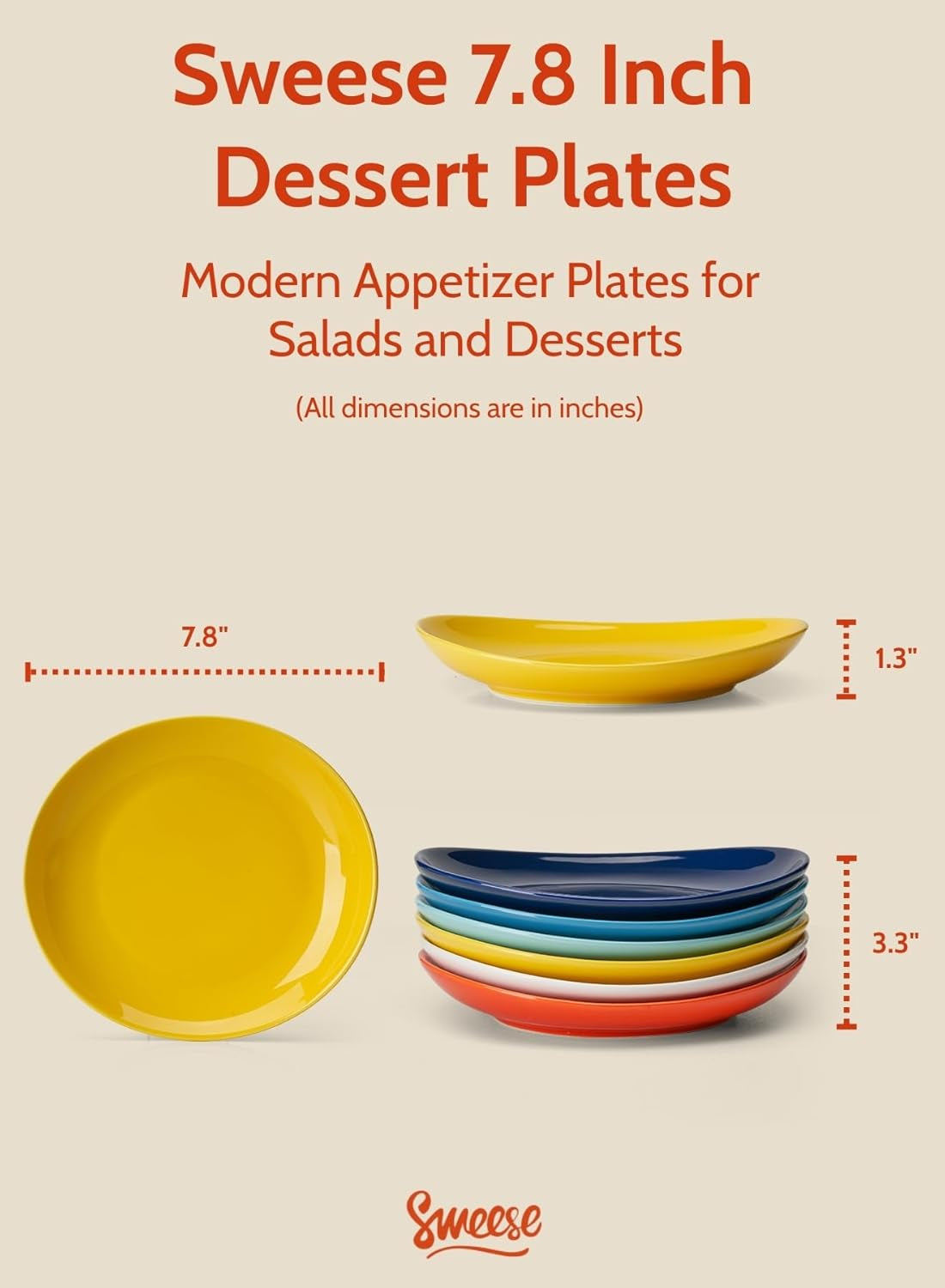 7.8 Inch Porcelain Dessert Plates Set of 6 - Dishwasher, Microwave, Oven Safe, Chip-Resistant - Rainbow Palette
