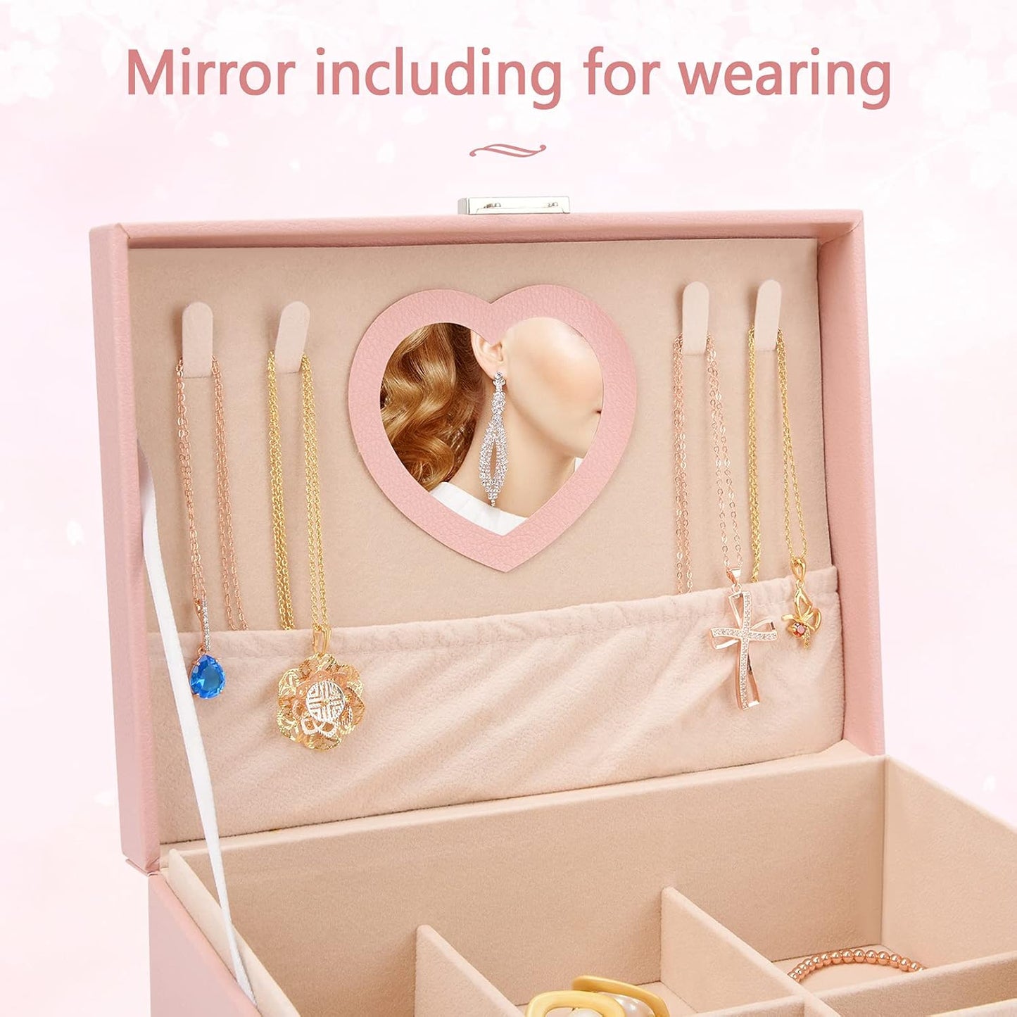 Jewelry Box for Women Girls, 2 Layer Leather Jewelry Organizer with Lock Key, Pink Jewelry Storage Case for Earrings Bracelets Rings Watches Necklace