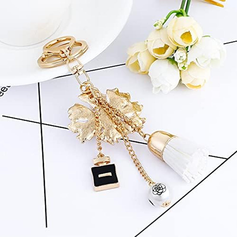 Camellia Flower Tassel Keychain Pearl Car Keyring Holder Purse Bag Pendant Charm Cute Handbag Personalized Keyring for Women Girls-Black