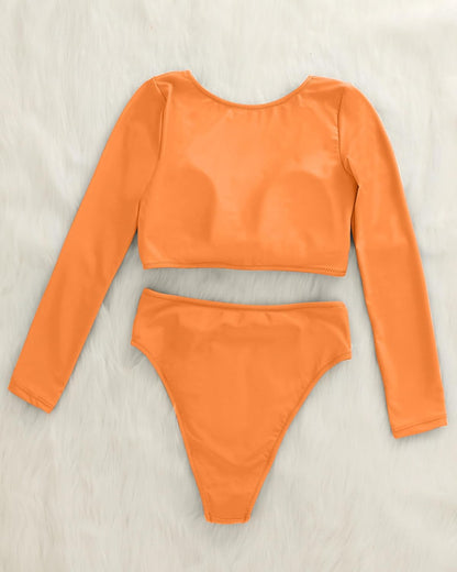Womens Two Piece Swimsuits High Waisted Bikini Set Rash Guard Bathing Suit Long Sleeve Swimwear Crop Top Teen Girls