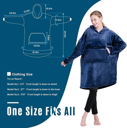 Blanket Hoodie Warm Wearable Blanket Soft Velour Blanket Sweatshirt Oversized Fits All for Teenager Adult Blue