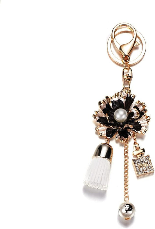 Camellia Flower Tassel Keychain Pearl Car Keyring Holder Purse Bag Pendant Charm Cute Handbag Personalized Keyring for Women Girls-Black