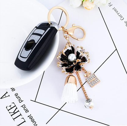 Camellia Flower Tassel Keychain Pearl Car Keyring Holder Purse Bag Pendant Charm Cute Handbag Personalized Keyring for Women Girls-Black