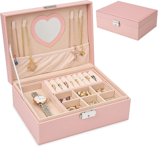 Jewelry Box for Women Girls, 2 Layer Leather Jewelry Organizer with Lock Key, Pink Jewelry Storage Case for Earrings Bracelets Rings Watches Necklace
